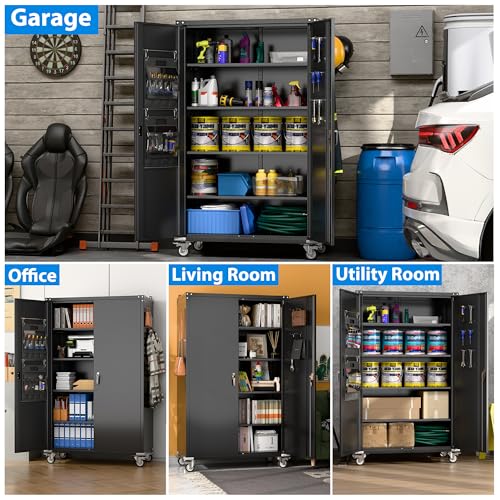 Garage Storage Cabinet with Wheels, 72" H, 2 Doors, 4 Adjustable Shelves, Black R4307