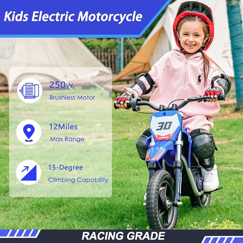 Electric Dirt Bike for Kids Aged 4-8, 350W Brushless Motor, 14'' Off-Road Tires, Blue Y255