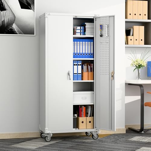 Metal Storage Cabinet with Wheels, 73" H, Locking Doors and Adjustable Shelves A1751