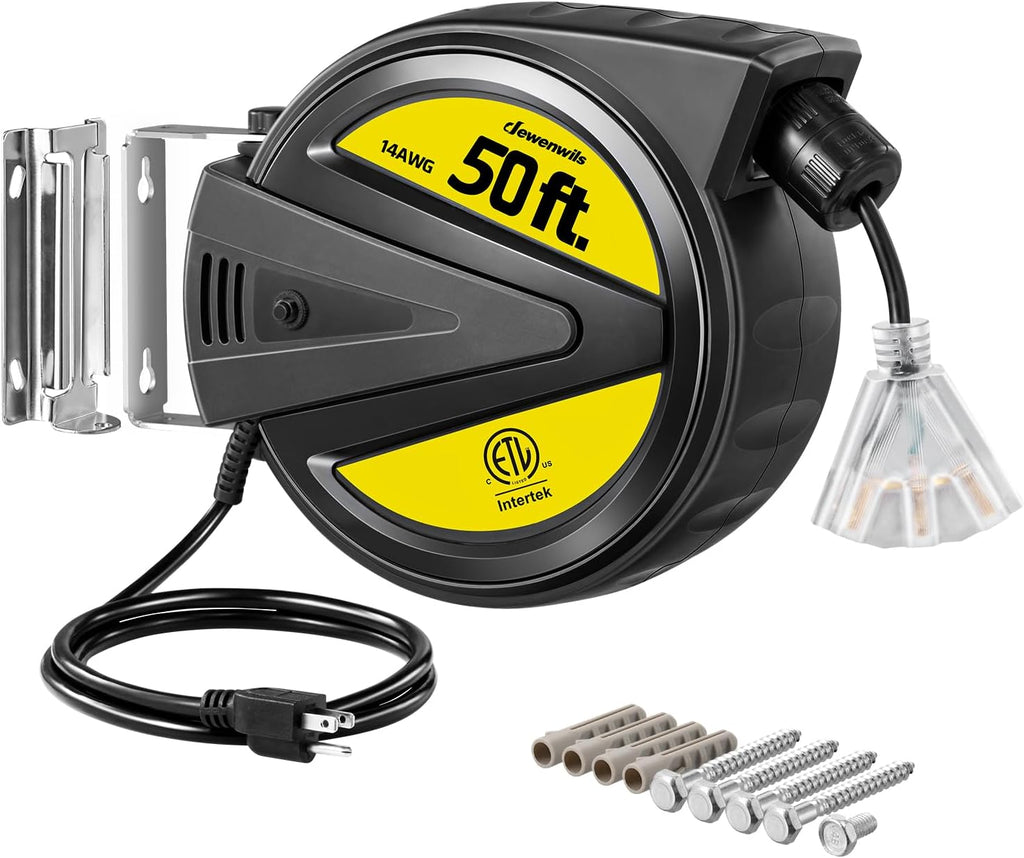 DEWENWILS Extension Cord Reel, 50FT Heavy Duty Power Cord, 14/3C SJTW, Retractable Cord Reel, 13 Amp Circuit Breaker, Ceiling/Wall Mount Retractable Extension Cord Reel, ETL Listed