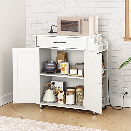 Kitchen Island with Power Outlet, Spice Rack and Drawer, Rolling Cart F495760
