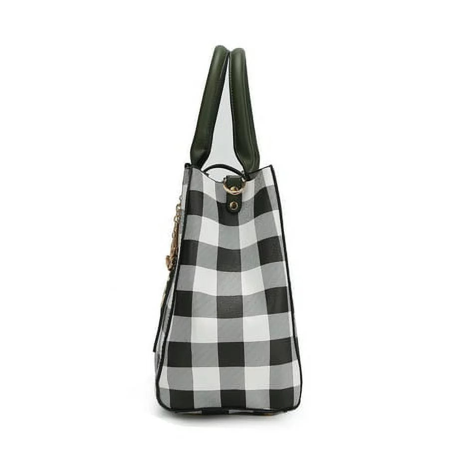 Checkered Vegan Leather Satchel Bag with Wallet 2 Piece Set E6856