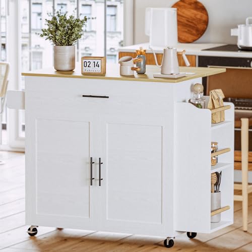 Kitchen Island with Storage, Rolling Cart with Drop Leaf and Charging Station H331