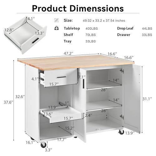 Large Kitchen Island with Drop Leaf, Rolling Cart, Power Outlet and Storage A3211
