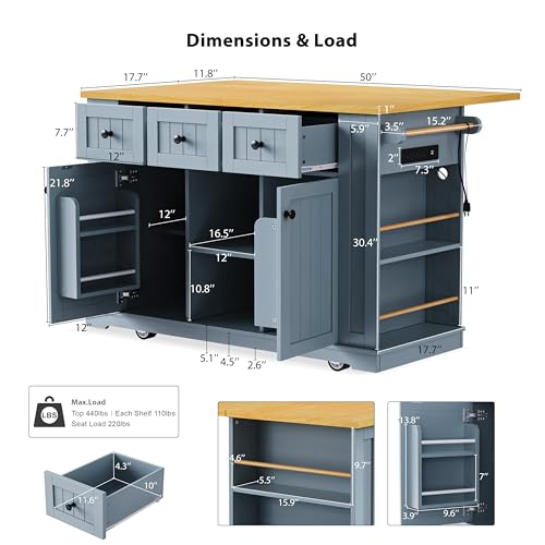 Large Kitchen Island with Drop Leaf, Rolling Cart, Power Outlet and Storage A3211