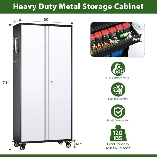 Garage Storage Cabinet with Wheels, 72" H, 2 Doors, 4 Adjustable Shelves, Black R4307
