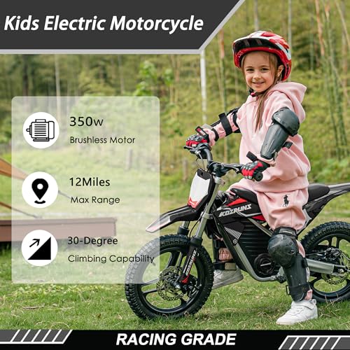 Electric Dirt Bike for Kids Aged 4-8, 350W Brushless Motor, 14'' Off-Road Tires, Blue Y255