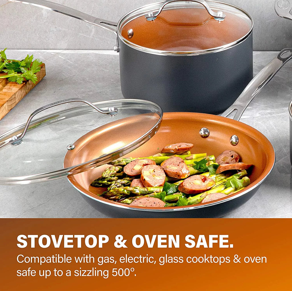 Non-Stick Pots and Pans Set, 12 Piece Kitchen Cookware with Copper Coating D648
