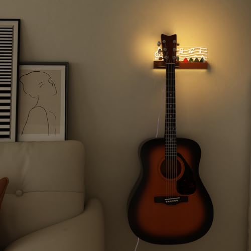 Guitar Wall Mount Stand with LED Lights, Solid Wood & Acrylic, USB-Powered F283