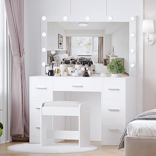 Vanity Desk with Stool, Lighted Mirror, 3 Color Lighting Modes, Dressing Table with Drawers U774924