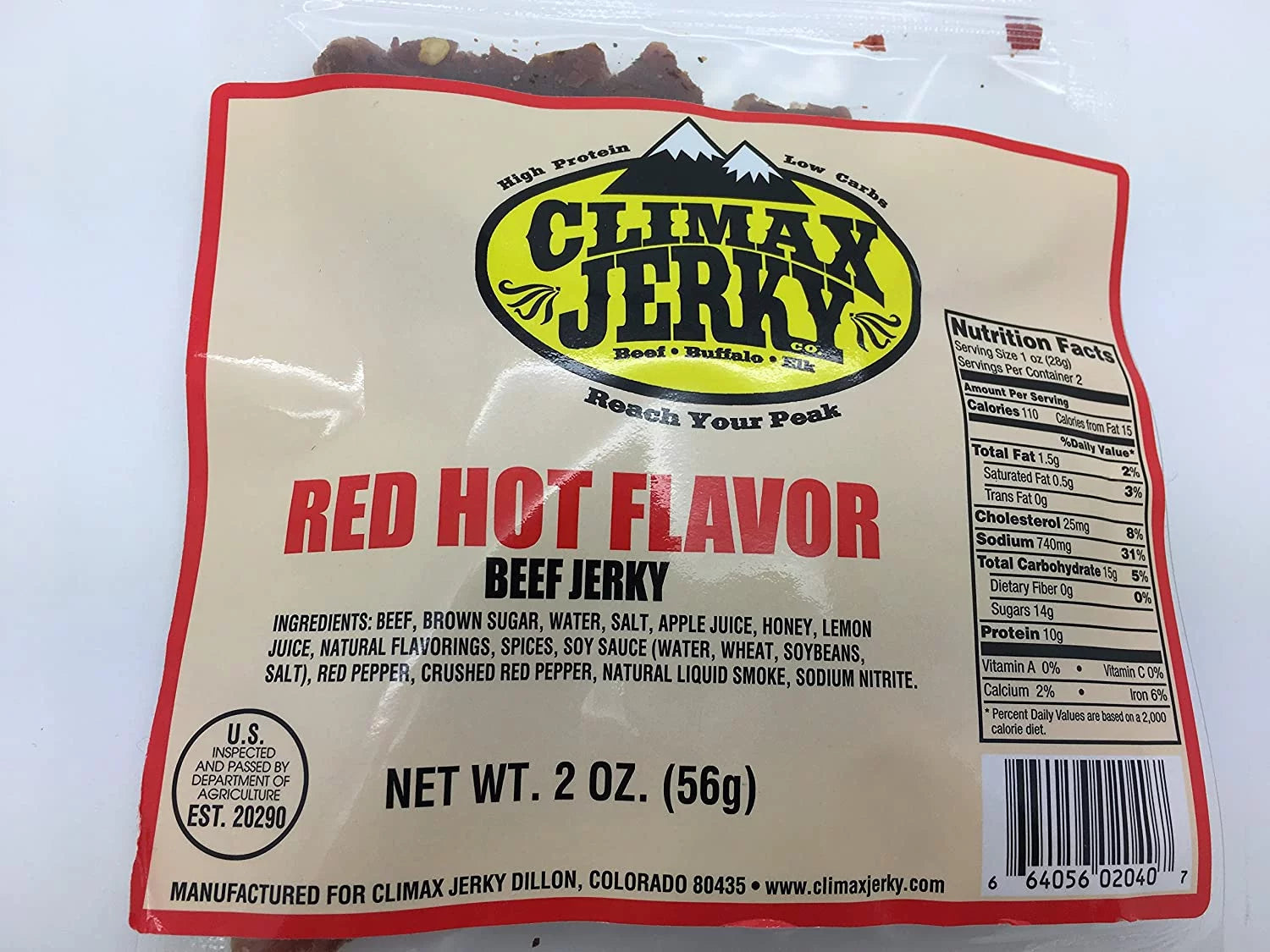 Climax Premium Cut Red Hot 2 OZ. Beef Jerky - High Protein