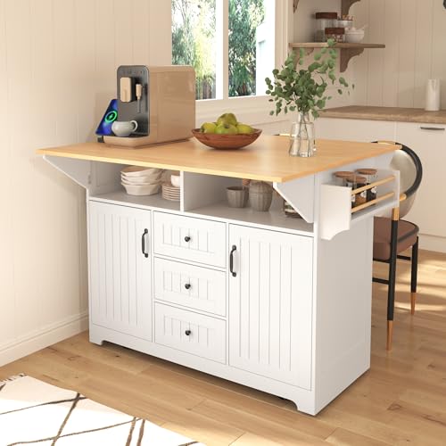 Large Kitchen Island with Drop Leaf, Rolling Cart, Power Outlet and Storage A3211