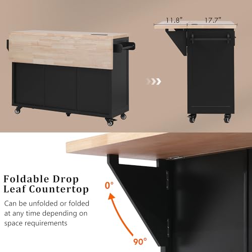 Rolling Kitchen Island Cart with Drop Leaf, Power Outlet, and 5 Open Shelves L877625