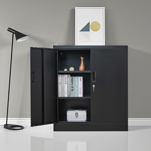 Locking Metal Storage Cabinet with Shelves and Doors, Black I112889