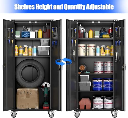 Garage Storage Cabinet with Wheels, 72" H, 2 Doors, 4 Adjustable Shelves, Black R4307