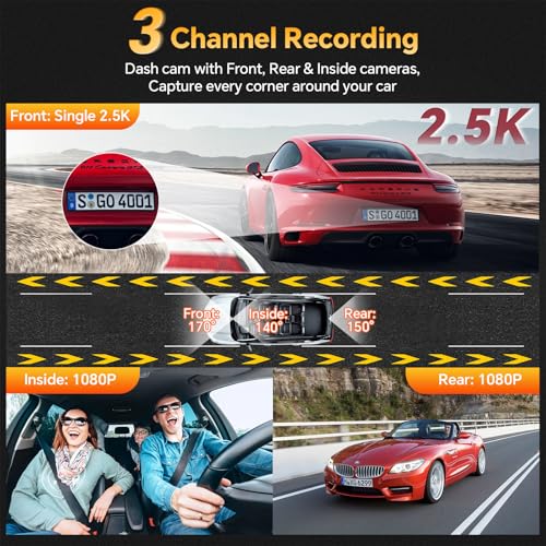 3 Channel Dash Cam Front Rear Inside, 2.5K WiFi, 1440P+1080P, 64GB Card, IR Night Vision P6249
