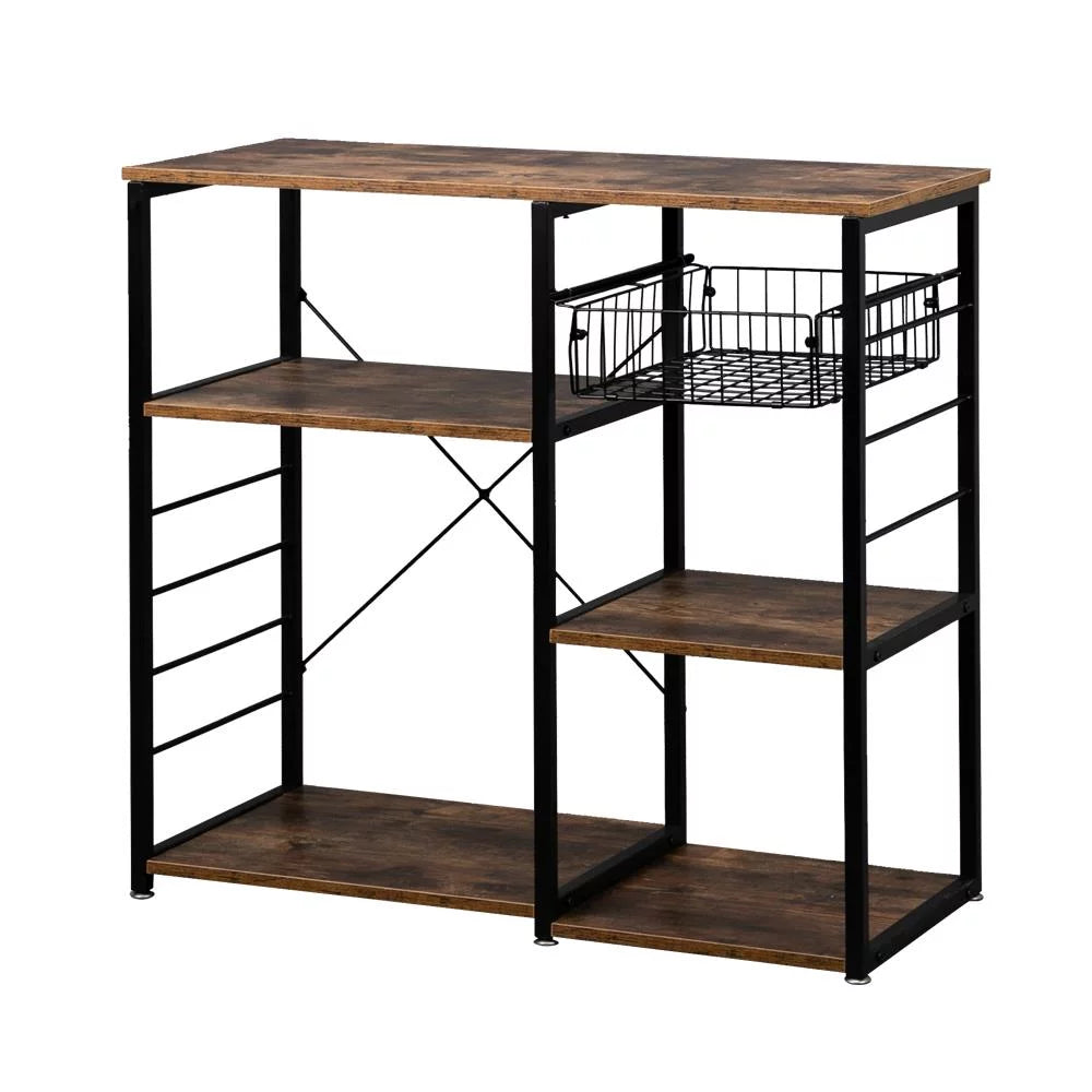 Vintage Kitchen Baker's Rack Microwave Stand Coffee Bar Table with Storage Shelf, Basket and Hooks, Rustic Brown A756397