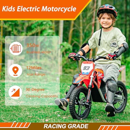 Electric Dirt Bike for Kids Aged 4-8, 350W Brushless Motor, 14'' Off-Road Tires, Blue Y255