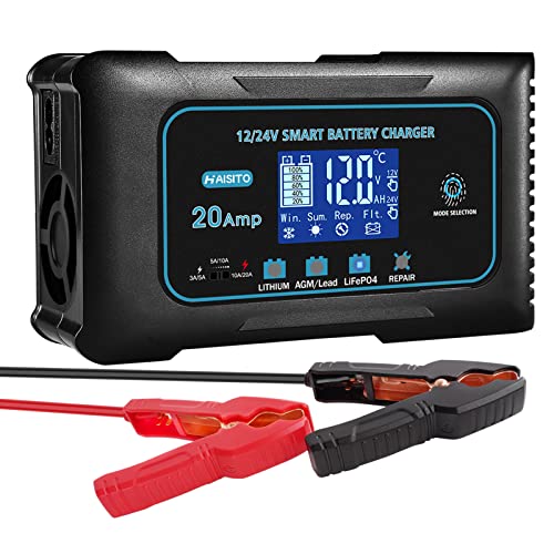 Haisito 20 Amp Lithium Battery Charger, 12V and 24V Lifepo4,Lead-Acid(AGM/Gel/SLA..) Portable Car Battery Charger,Battery Maintainer, Trickle Charger, and Battery Desulfator for Car,Boat, H-20-PRO