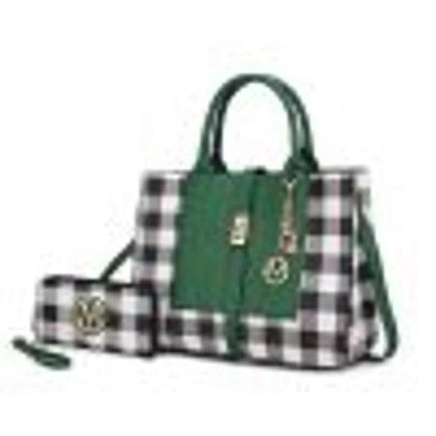 Checkered Vegan Leather Satchel Bag with Wallet 2 Piece Set E6856