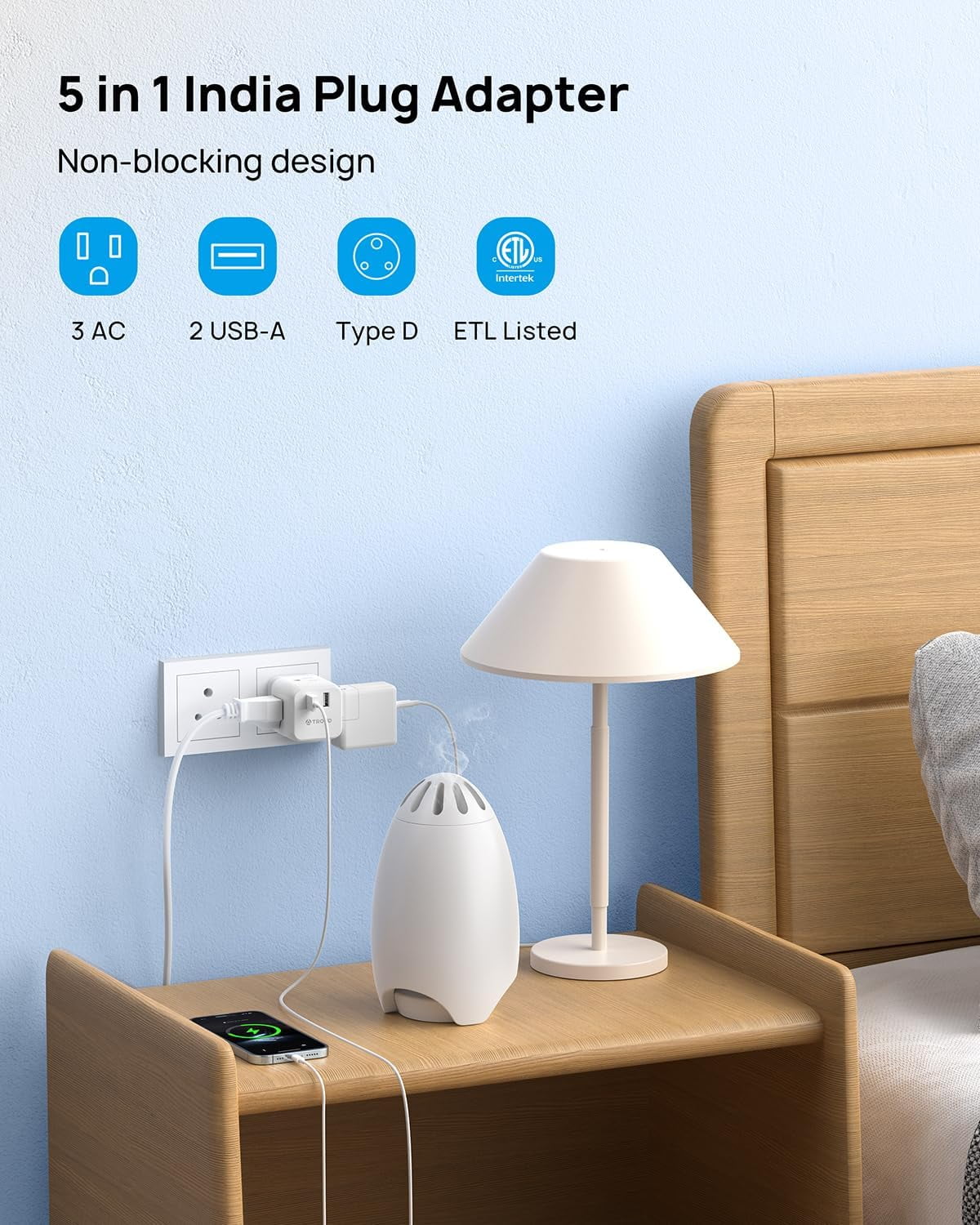India to US Plug Adapter with 2 USB Ports and 3 Outlets C46846