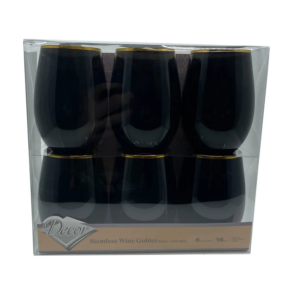 Stemless Plastic Wine Goblet 16 oz Black Gold Rim Pack of 48 T4283
