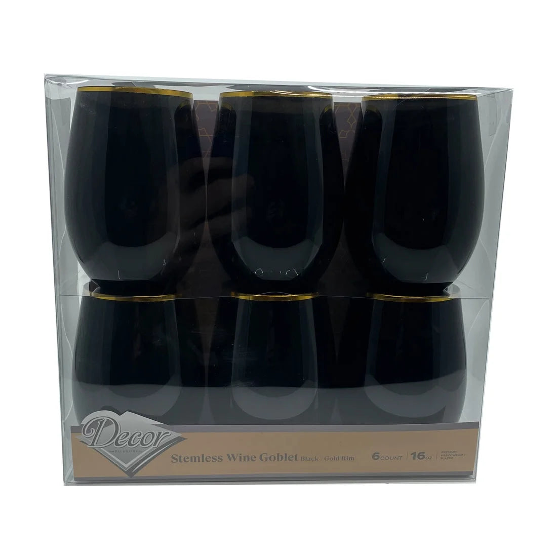 Stemless Plastic Wine Goblet 16 oz Black Gold Rim Pack of 48 T4283