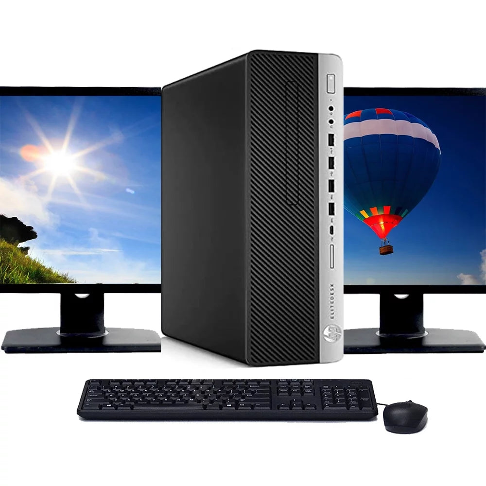 Restored HP ProDesk 800 G3 Desktop Computer , Intel i5 CPU, 240GB SSD, 16GB RAM, WIFI, Dual 19" LCD Monitors with Windows 10 Pro and S6 Sound Bar - (Refurbished)