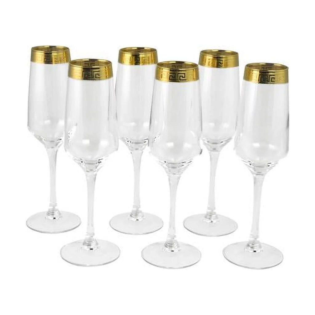 Three Star Import & Export GS7124 8.5 in. Flute Glass with Greek Key Design Set, 6 Piece