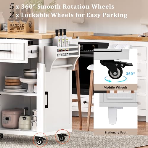 Rolling Kitchen Island Cart with Drop Leaf, Power Outlet, and 5 Open Shelves L877625