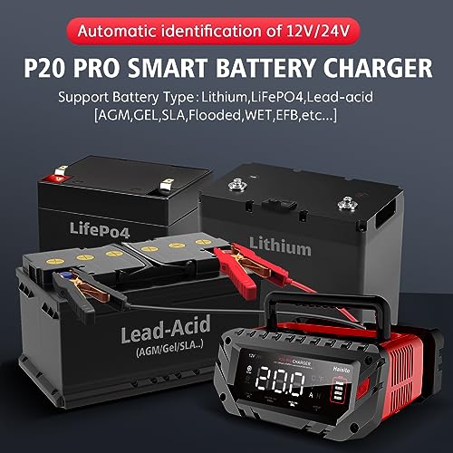 20 Amp Lithium Battery Charger, 12V and 24V LiFePO4, Lead-Acid Portable Car Battery Charger A814524
