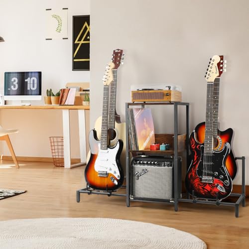 Guitar Rack, 3-Piece Floor Stand with Amp Support, Adjustable Holder for Multiple Instruments H140
