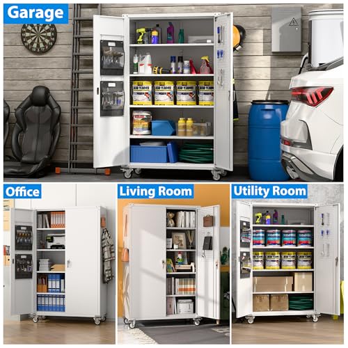 Garage Storage Cabinet with Wheels, 72" H, 2 Doors, 4 Adjustable Shelves, Black R4307