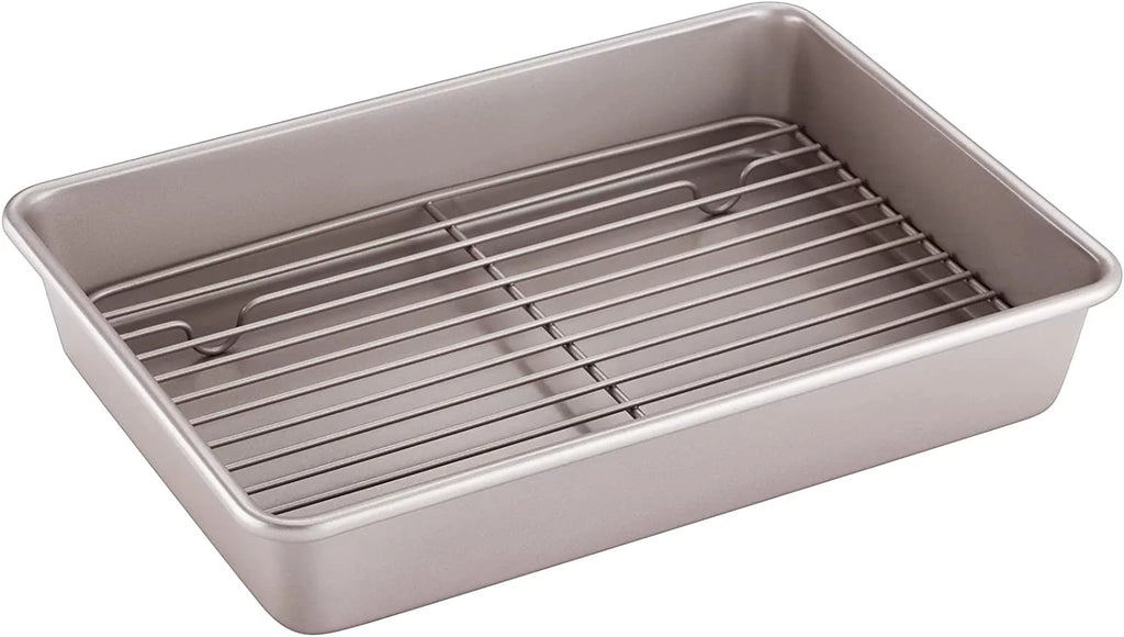 CHEFMADE 13-Inch Roasting Pan with Cooling Rack, Non-Stick Rectangular Deep Dish Oven-BBQ Bakeware 9" x 13" x 2.4"
