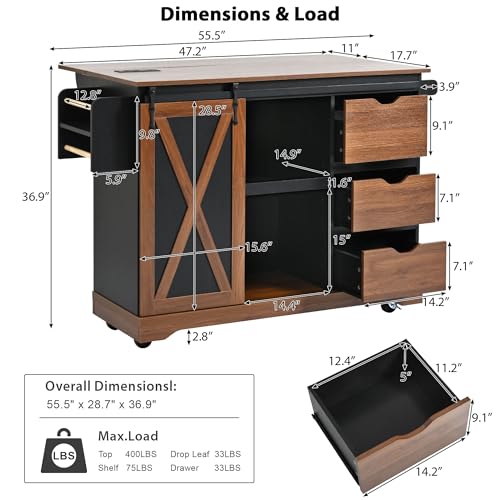 Farmhouse Kitchen Island with Drop Leaf, Barn Door and Power Outlet C3058