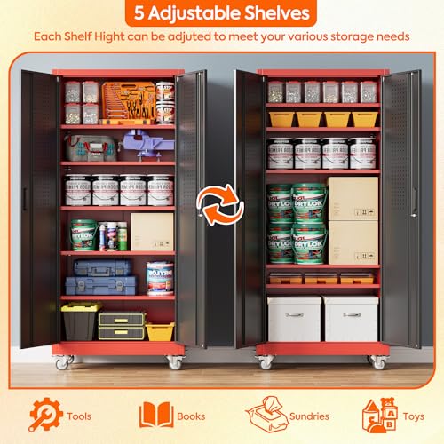 Metal Storage Cabinet with Wheels, 73" H, Locking Doors and Adjustable Shelves A1751
