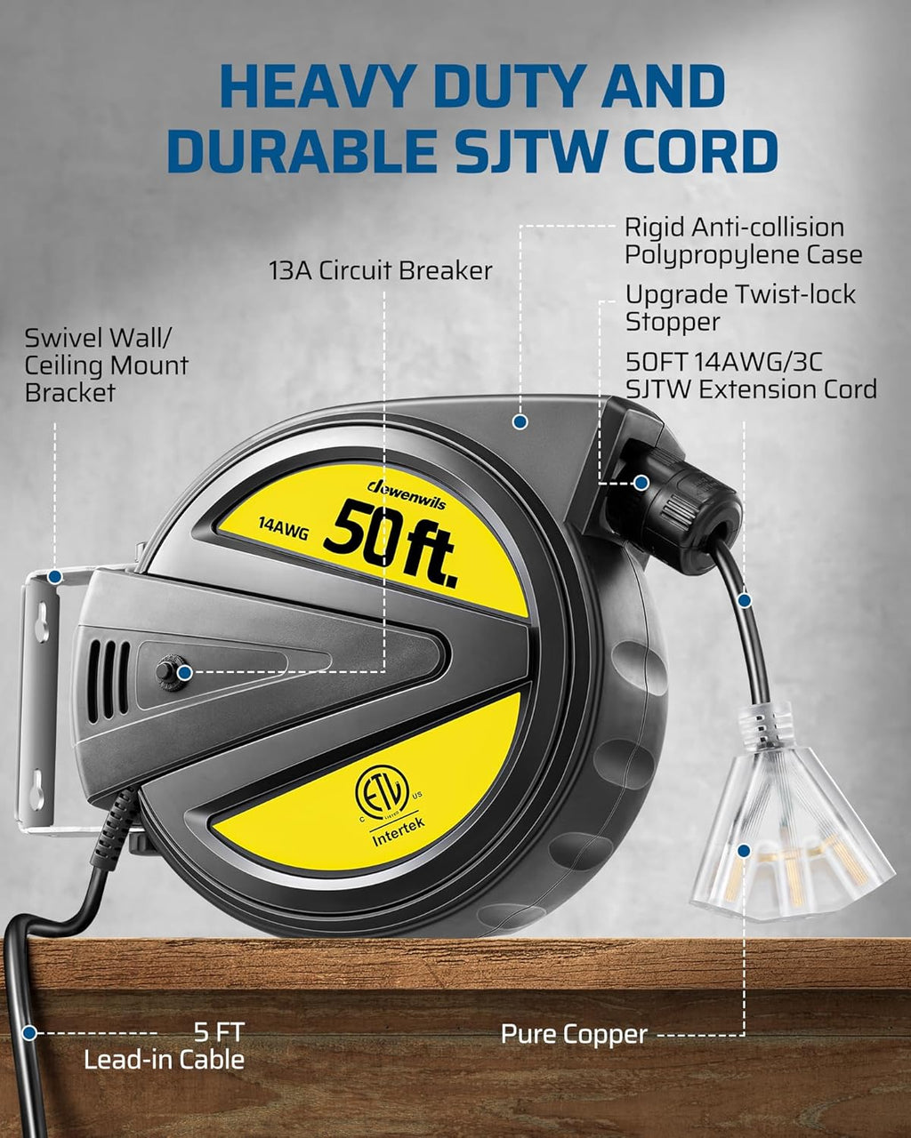 Extension Cord Reel, 50FT Heavy Duty Power Cord, Retractable, Ceiling/Wall Mount V33467