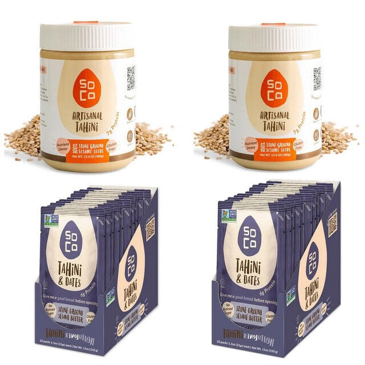 SoCo 2 x Artisanal Tahini Jars each of (380 Grams ) with combo 2 x Tahini & Dates Squeeze Packs each (Box of 10) Gluten-Free, Sugar-Free