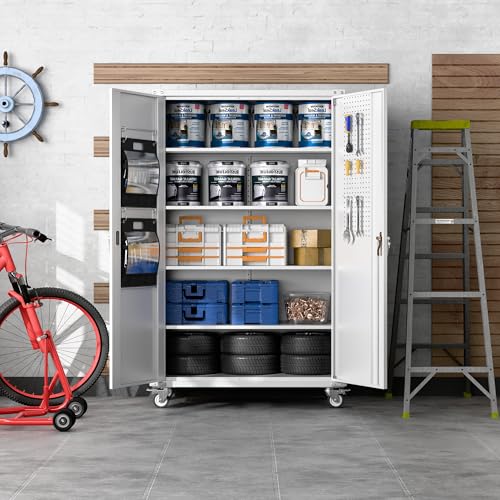 Metal Storage Cabinet with Wheels, 73" H, Locking Doors and Adjustable Shelves A1751