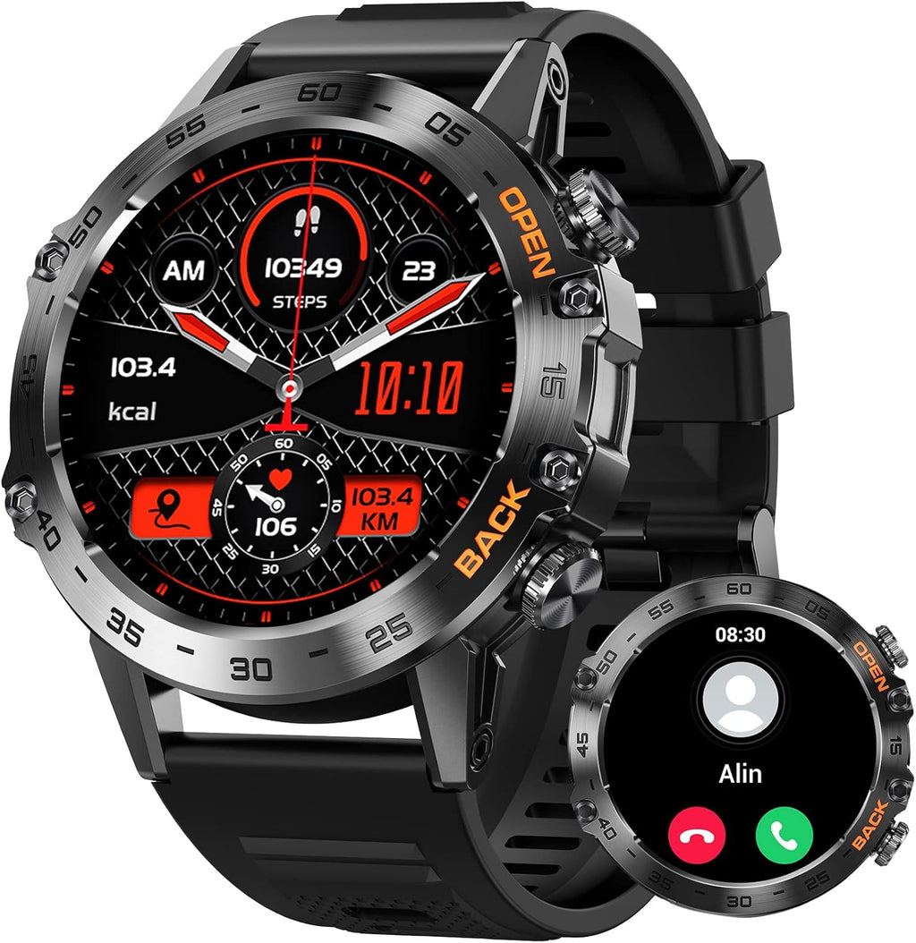 EIGIIS Military Smart Watch Make/Answer Calls Rugged Tactical Smartwatch Compatible with Android iPhone Samsung 1.39'' HD Screen Heart Rate Sleep Monitor 108 Sports Modes Fitness Tracker,Black,(K52)