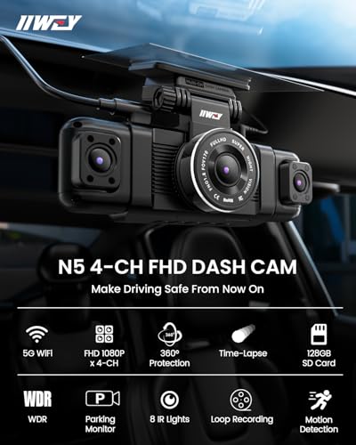 4 Channel Dash Cam 360° View, 1080P Front and Rear Inside, Left Right, Night Vision, 5G WiFi & APP Control S90144
