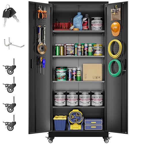Garage Storage Cabinet with Wheels, 72" H, 2 Doors, 4 Adjustable Shelves, Black R4307