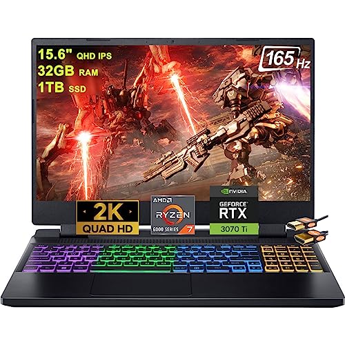 Acer Nitro 5 15 Gaming Laptop 15.6" QHD IPS 165Hz Display AMD Octa-core Ryzen 7 6800H (Beat i7-11370H) 64GB RAM 1TB SSD GeForce RTX3070Ti 8GB Graphic RGB Backlit HDMI USB-C Win11Pro Black + HDMI Cable