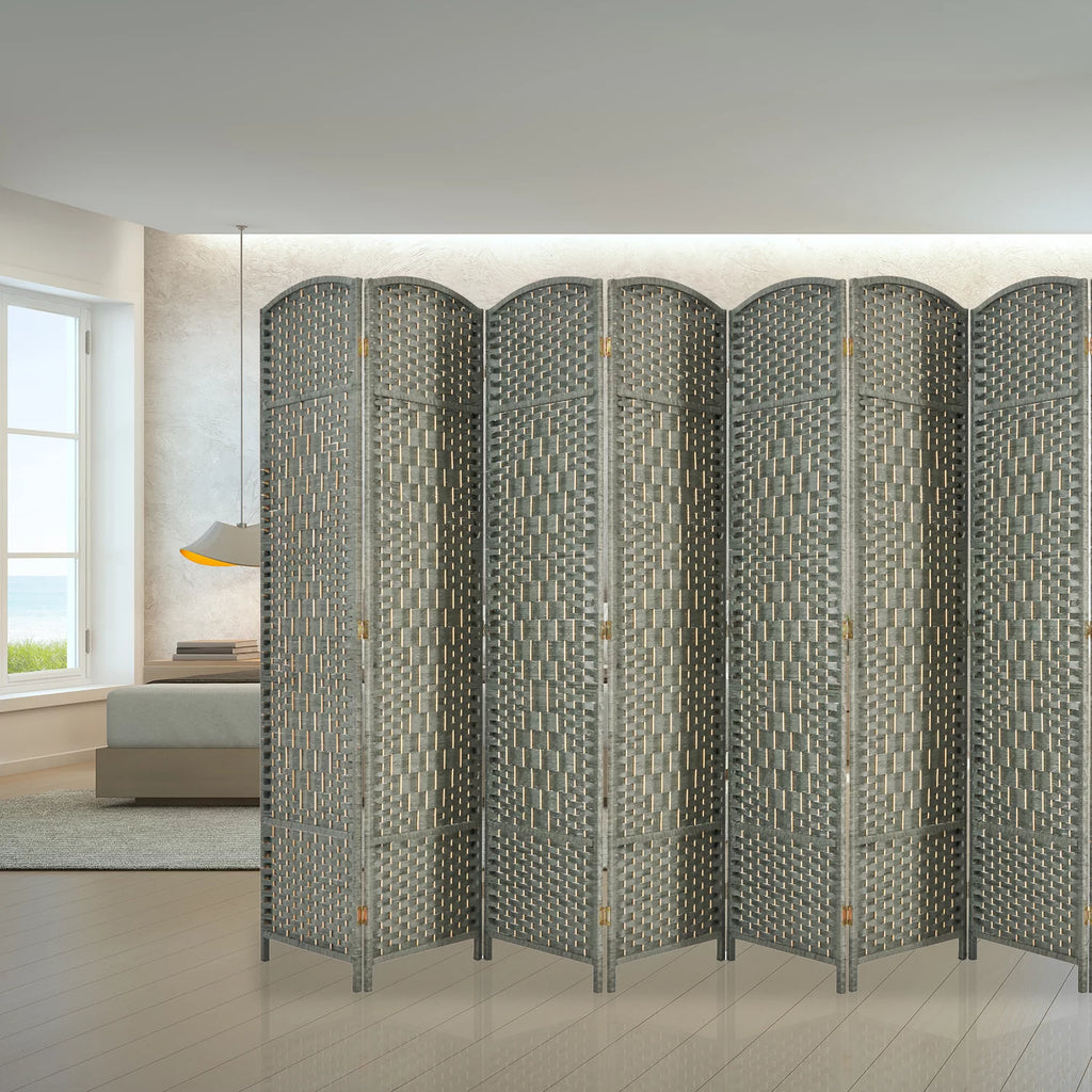 5.7ft Wood Fiber Woven Room Divider 8 Panels, Foldable Grey M77769