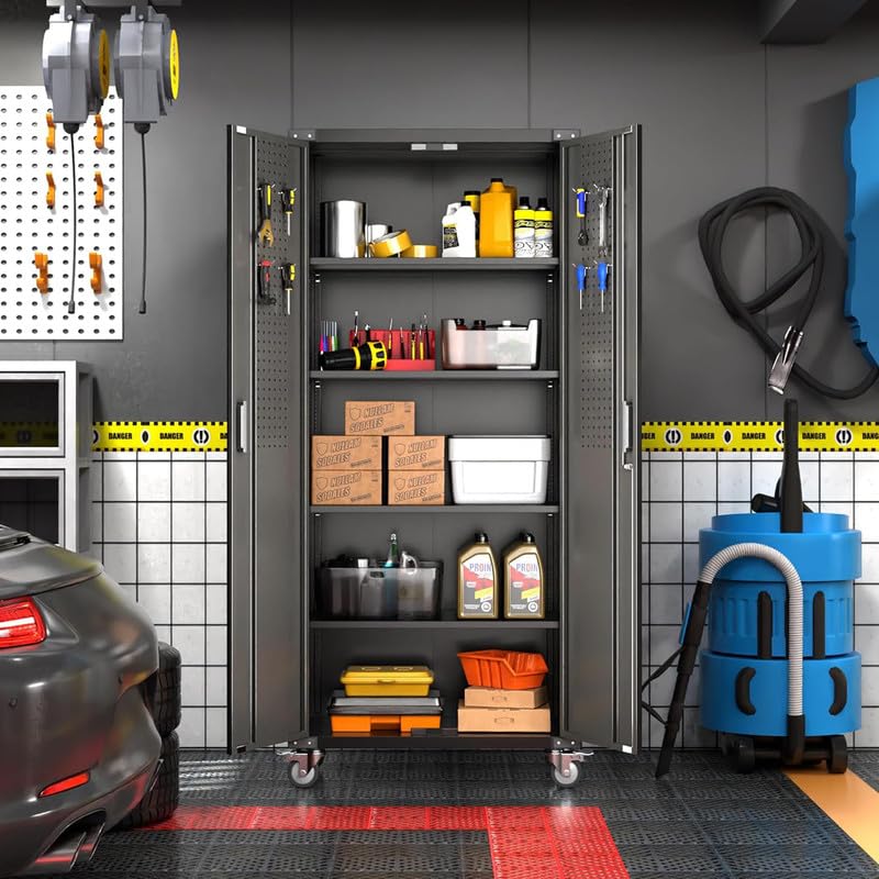 Garage Storage Cabinet with Wheels, 72" H, 2 Doors, 4 Adjustable Shelves, Black R4307