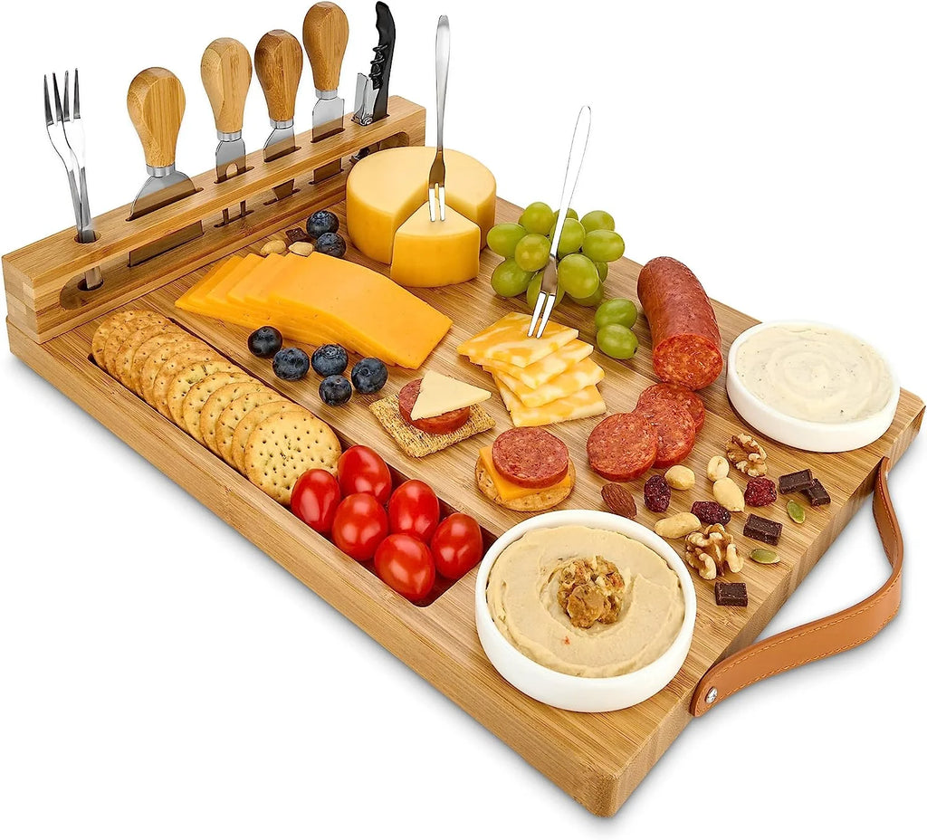 Bamboo Charcuterie Board with Knife Set and Ceramic Bowls R21946