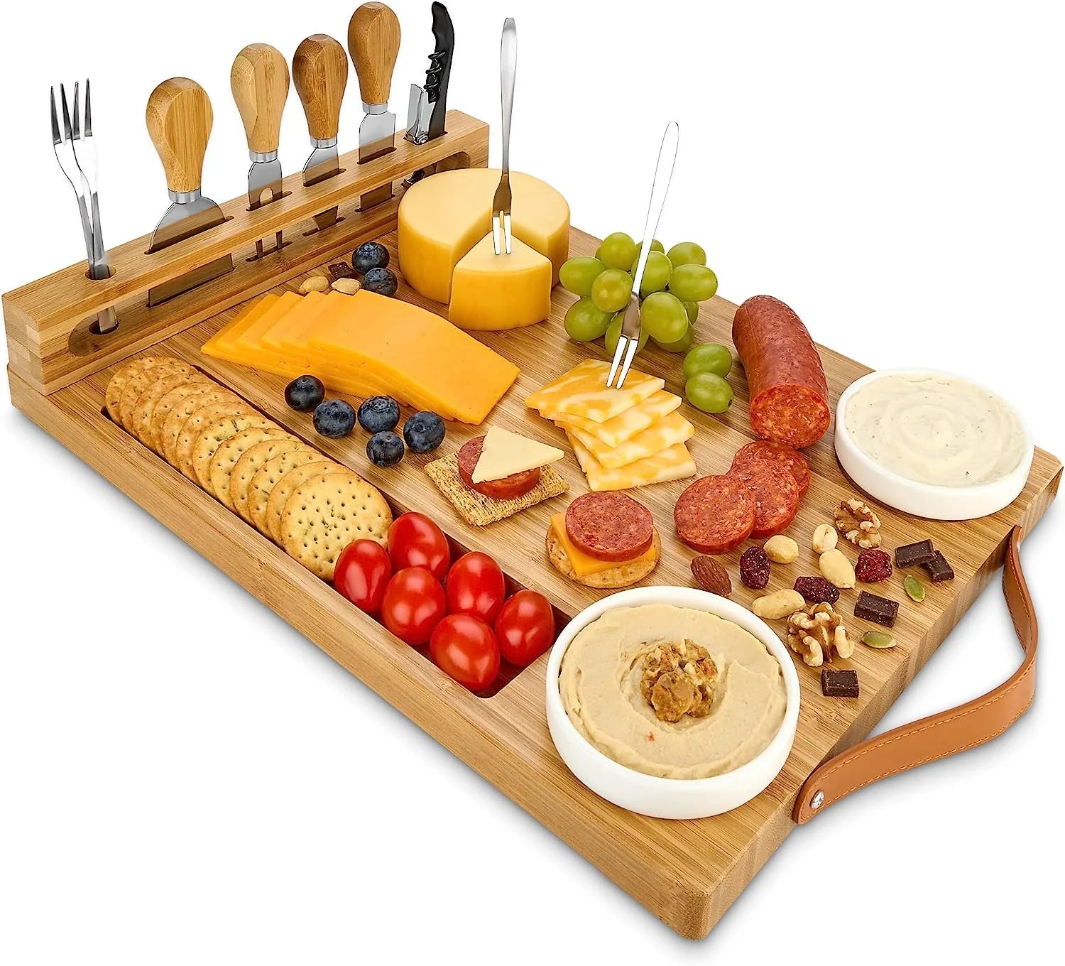 Bamboo Charcuterie Board with Knife Set and Ceramic Bowls R21946
