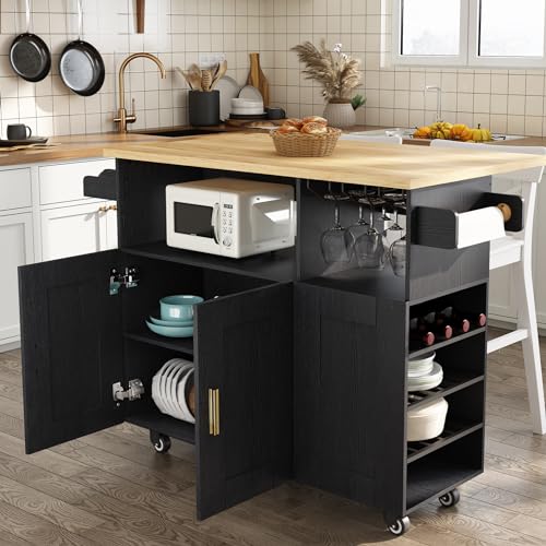 Rolling Kitchen Island Cart with Drop Leaf Countertop and Storage S311