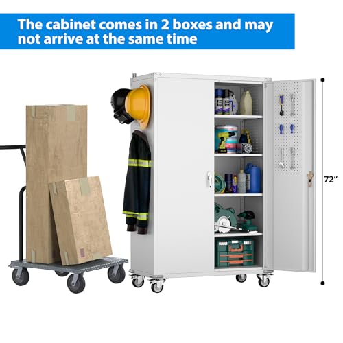 Garage Storage Cabinet with Wheels, 72" H, 2 Doors, 4 Adjustable Shelves, Black R4307