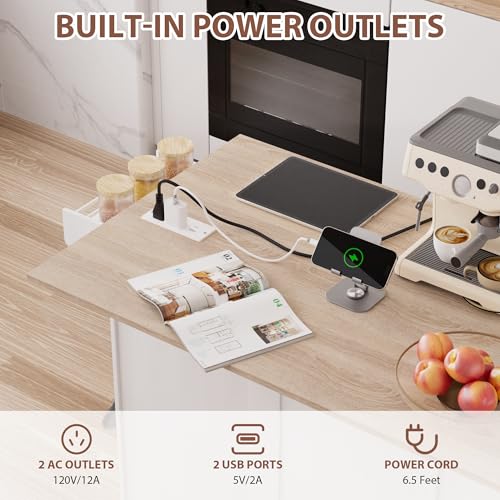 Kitchen Island on Wheels with Storage, Drop Leaf and Power Outlet I19403